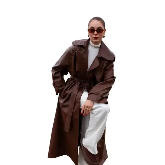 Brown Faux Leather Trench Coat with Belt – Brand New - Picture 1 of 12